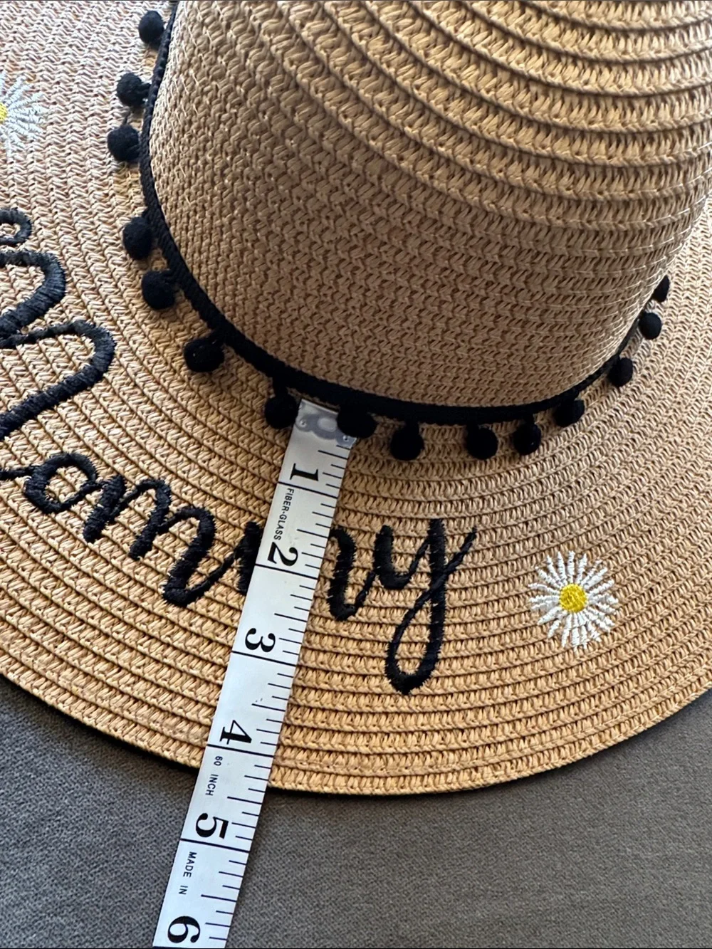 Wide Brim Straw Sun Hat with 'Mommy' Script & Daisy Embroidery One Size NEW
